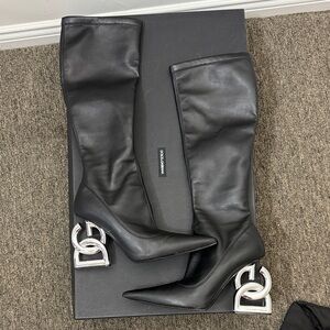 Dolce & Gabbana Black Leather Knee-High Boots with Silver Logo Heels